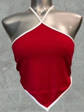 Free | Y2K Inspired Red Halter Bandana Crop Top with White Trim